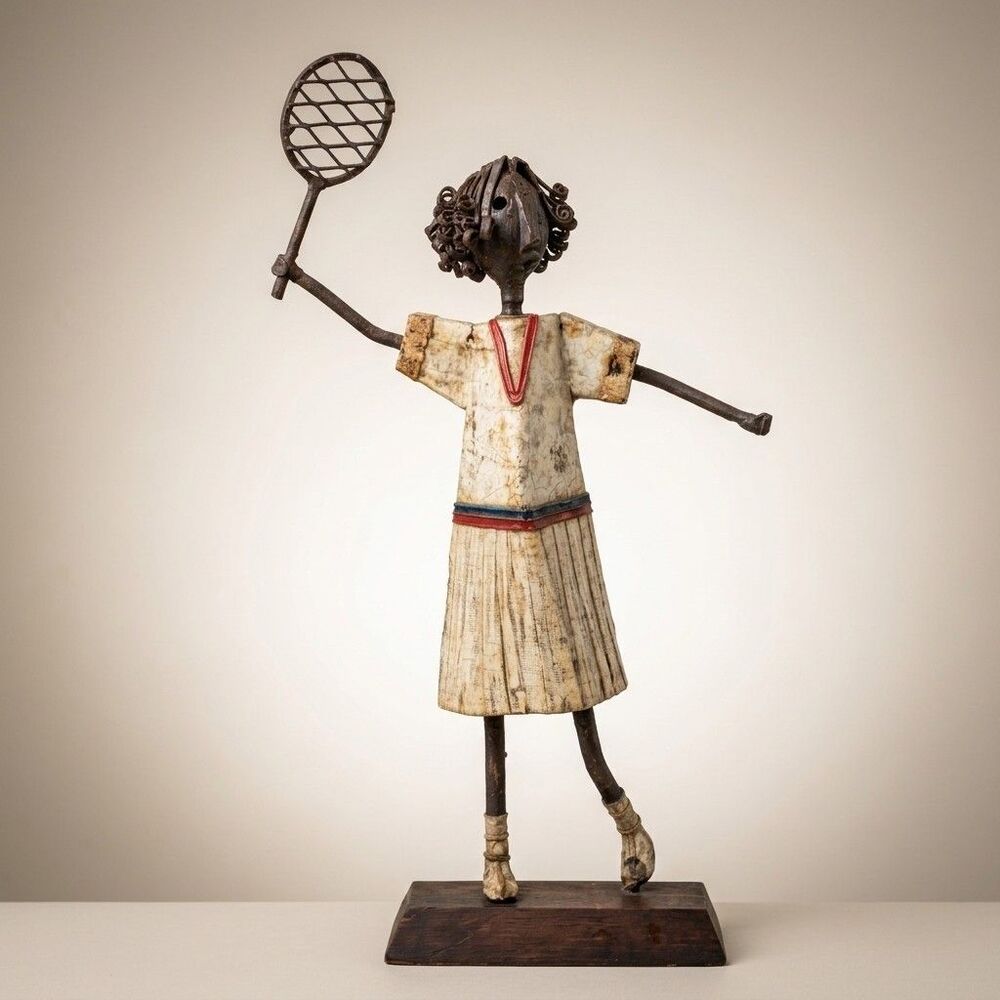 MANUEL FELGUÉREZ Tennis Player Sculpture Signed Metal Papier Mache Sport Gift